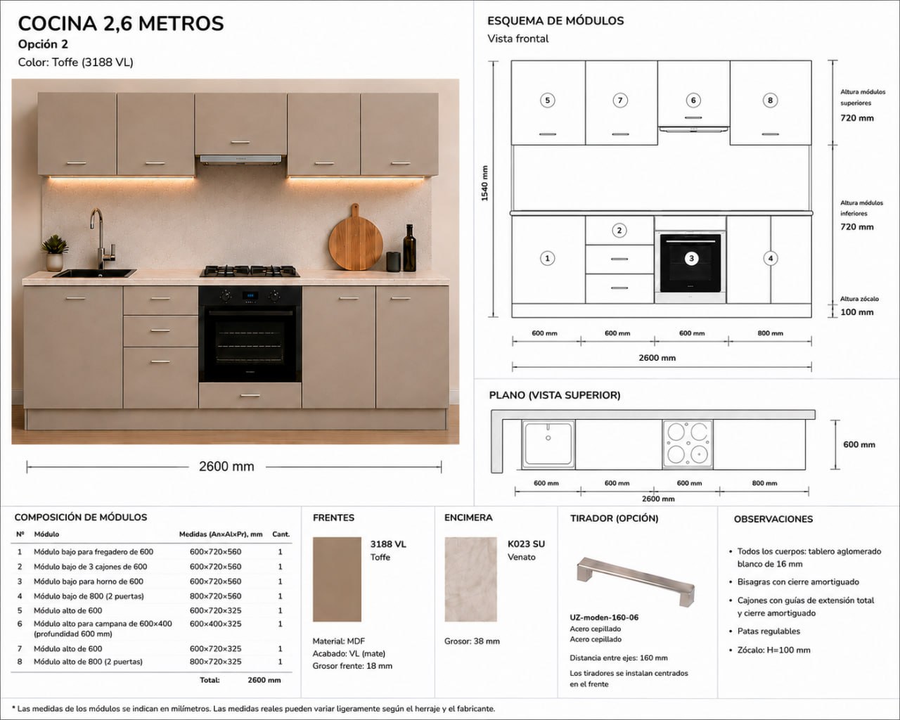Cocina modular de 2,6 m Toffe mate desde 640 €